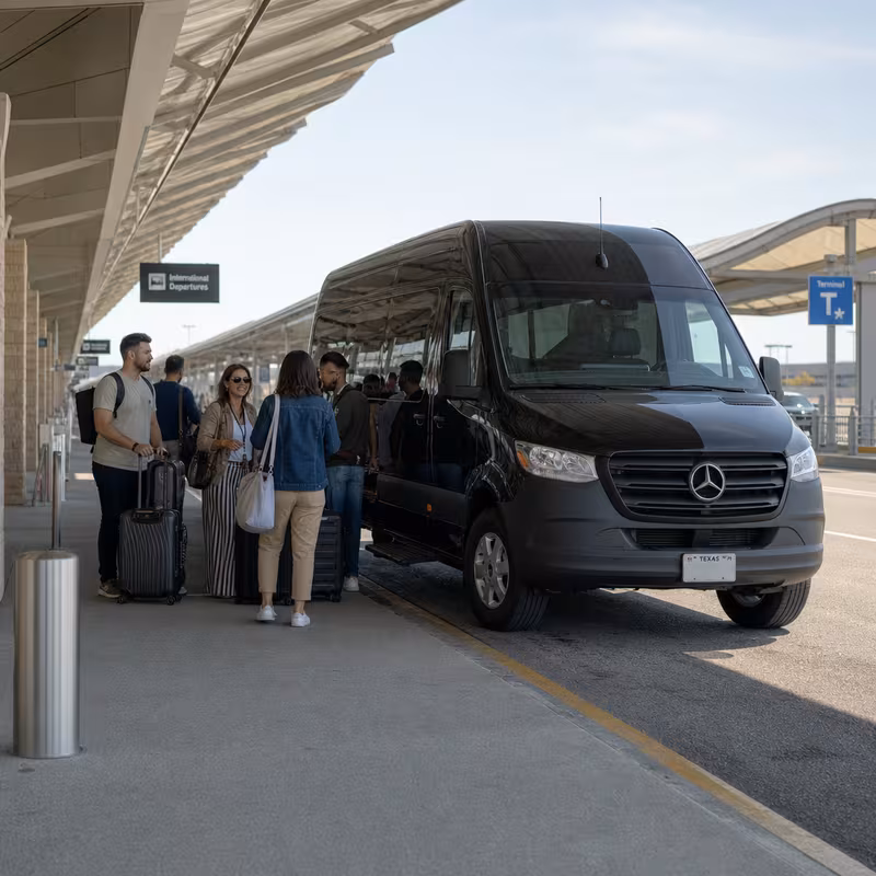 Group boarding a white charter bus for Airport Transportation transportation in San Antonio