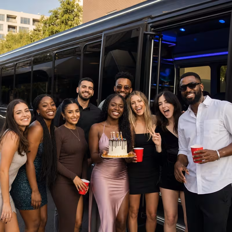 Group boarding a white charter bus for Birthday Transportation transportation in San Antonio
