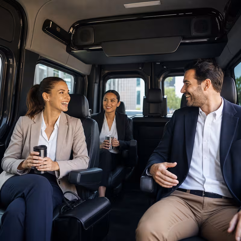 Group boarding a white charter bus for Corporate Transportation transportation in San Antonio