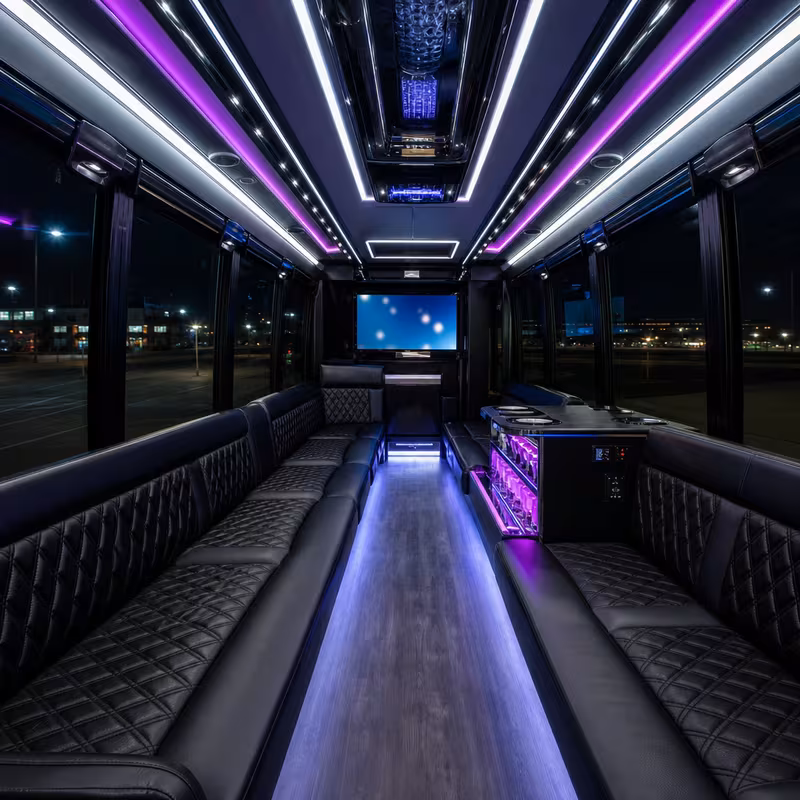Party bus interior with wraparound leather seating and LED lighting in San Antonio