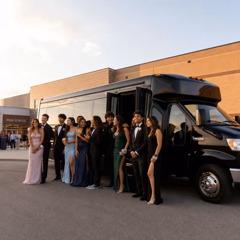 Group boarding a white charter bus for Prom & Homecoming Transportation transportation in San Antonio