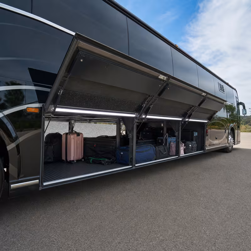 Party bus interior with wraparound leather seating and LED lighting in San Antonio